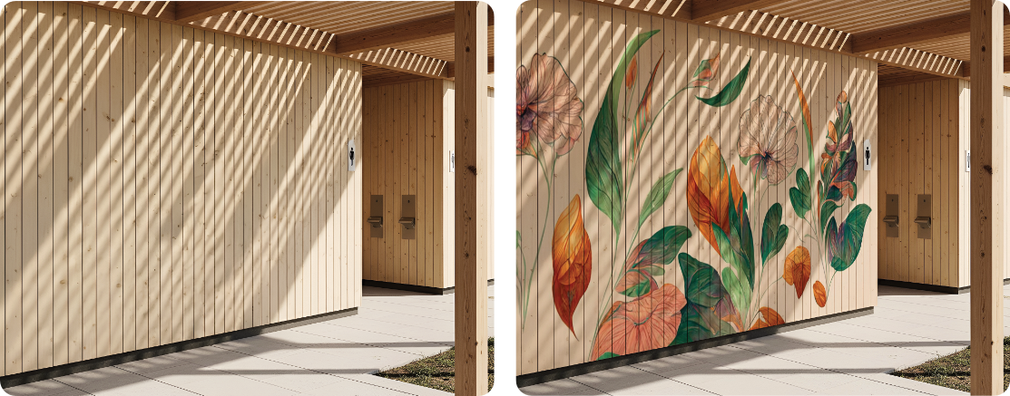 Public Restroom Pavilion Wall | Wood Surface Botanical Print